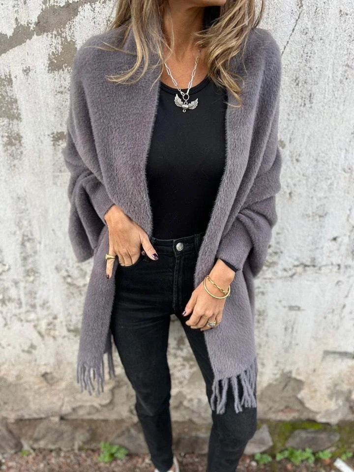 Women's Cozy Knit Poncho with Fringes Lune London