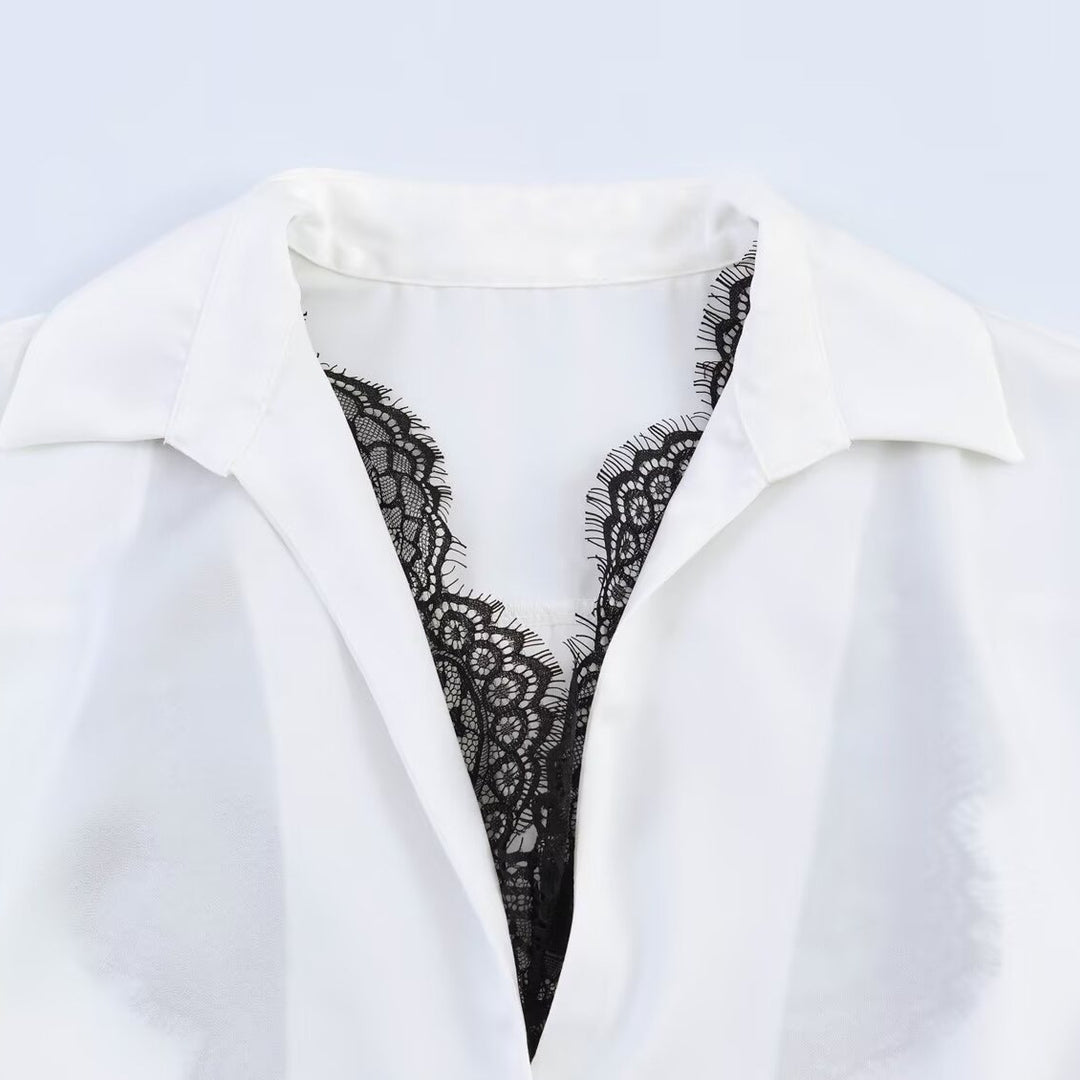 Women's Silky Oversized Blouse with Lace Insert and Shirt Collar Amarae