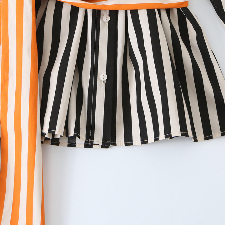 Women Oversize Stripe Blouse with Waist Tie and Shirt Collar Amarae