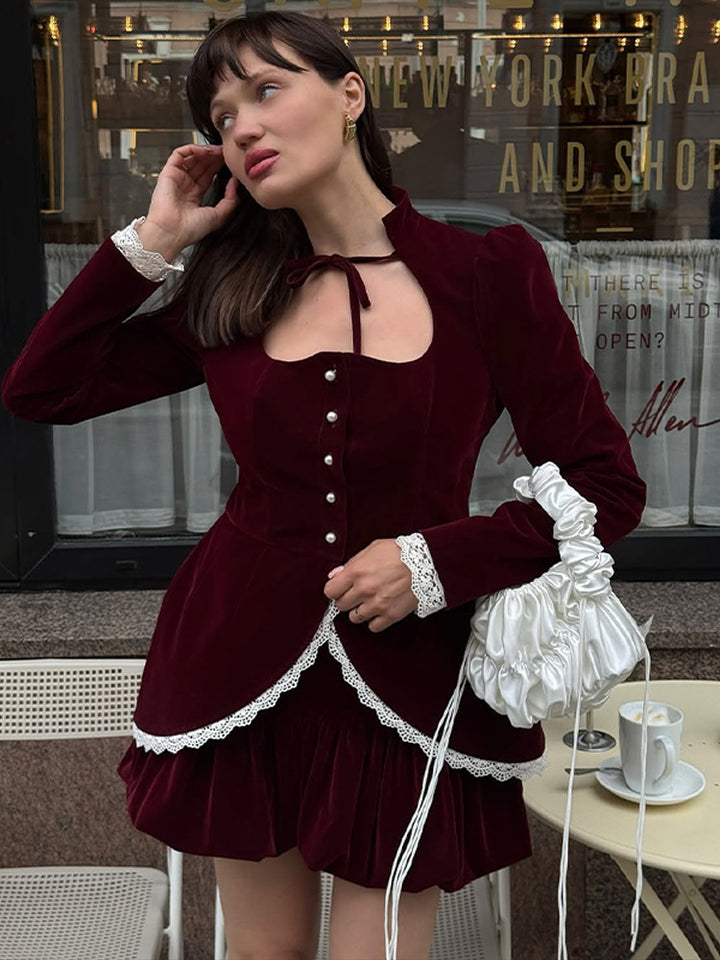 Women's tailored velvet blazer dress with heart neckline, pearl buttons, and lace trim Amarae