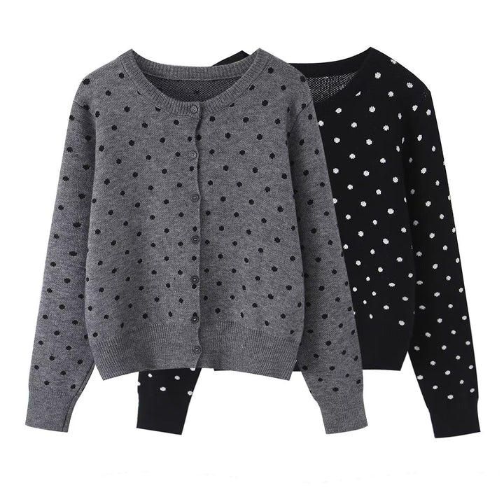 Women's Short Fine Knit Cardigan with Round Neck, Allover Polka Dot Pattern and Button Placket