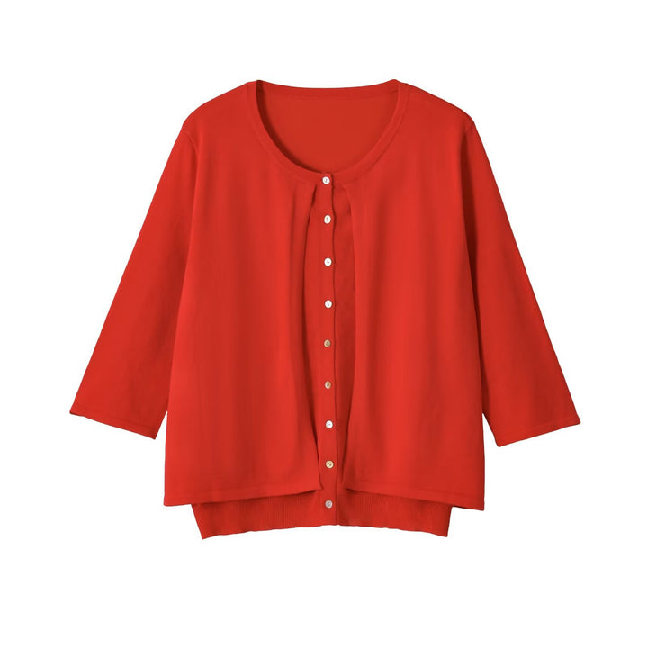 Women's Light Three-Quarter Sleeve Button Cardigan with Round Neck and Extended Ribbed Cuff Amarae