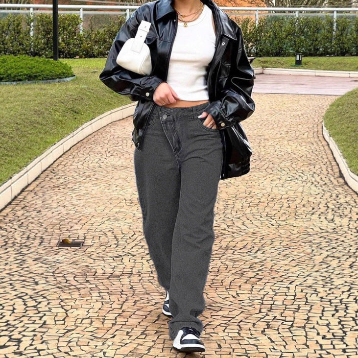 Women high-waisted loose-fitting jeans with wide legs and asymmetrical button placket Amarae
