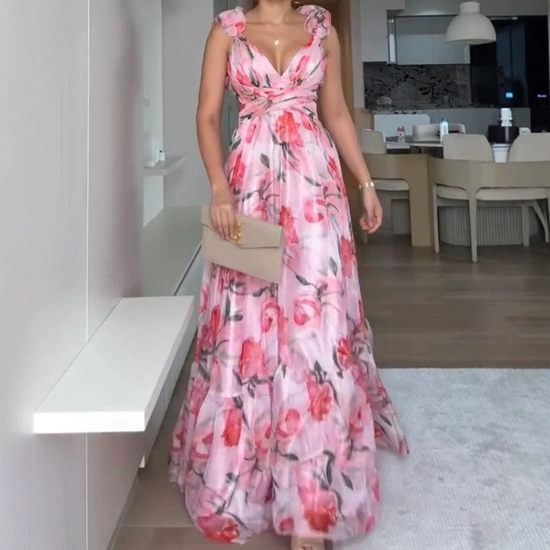 Women's maxi dress with floral ruffles and swinging design