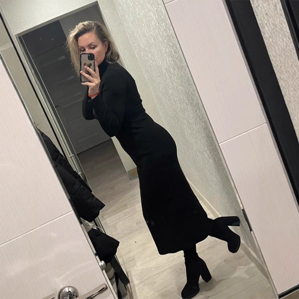Women's figure-hugging turtleneck maxi dress made of fine knit with a narrow silhouette Amarae
