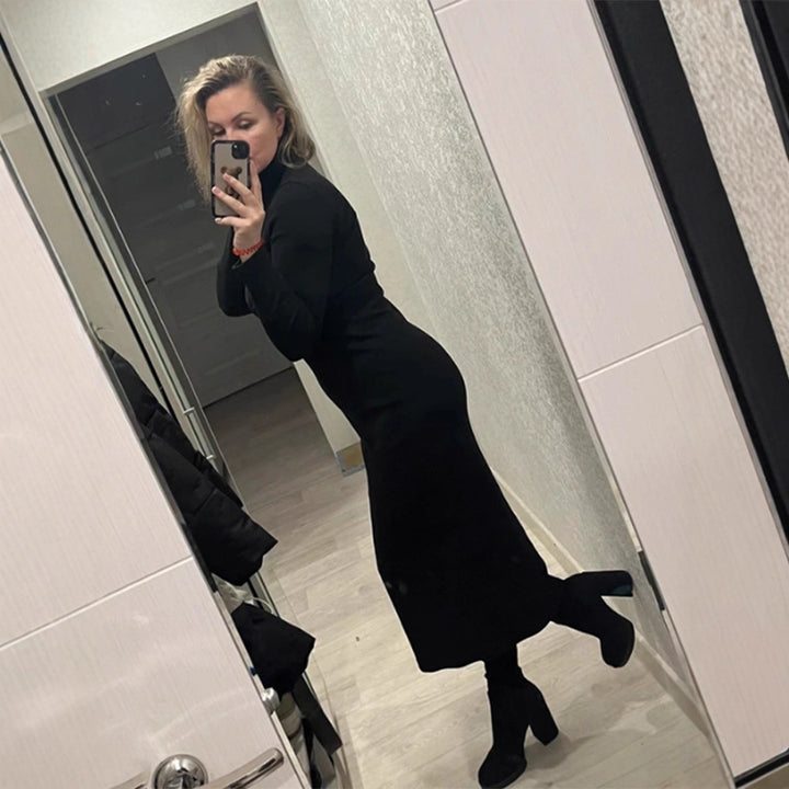 Women's figure-hugging turtleneck maxi dress made of fine knit with a narrow silhouette Amarae