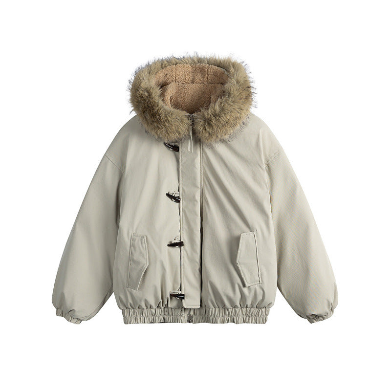 Unisex Padded Hooded Jacket in Boxy Cut with Teddy Lining, Faux Fur Collar and Toggle Closures Amarae