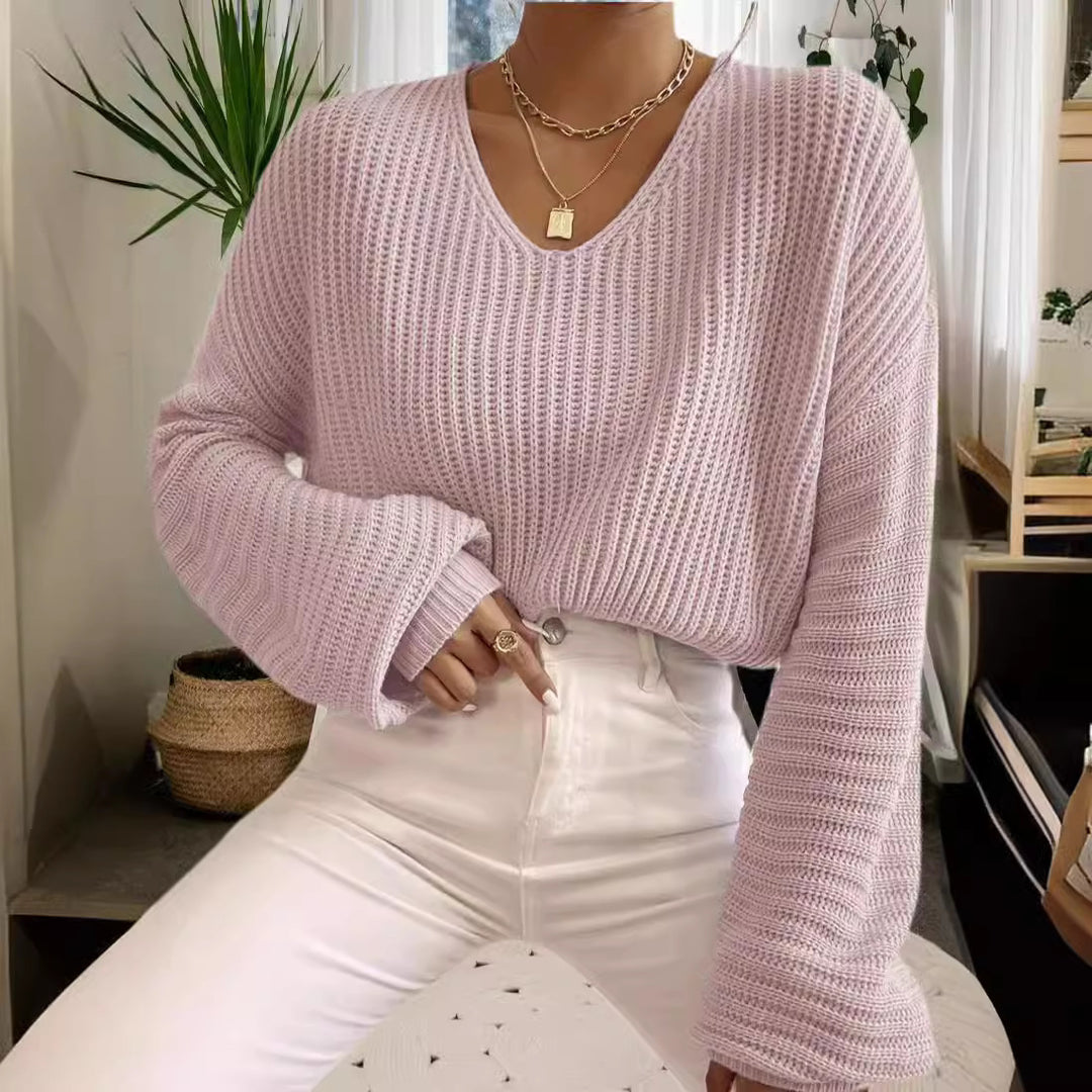 V neck sweater for women with wide sleeves and a structured knit pattern Lune London