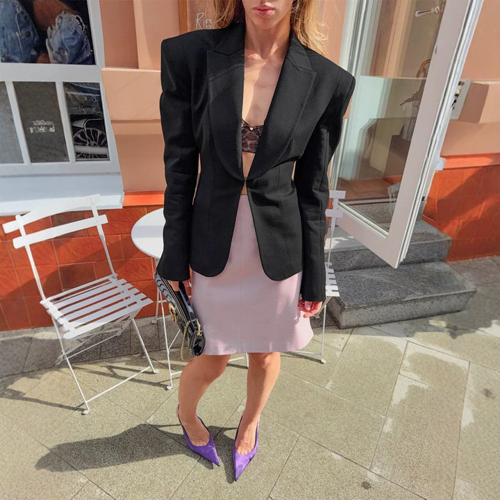 Ladies tailored blazer with sculptural shoulder and hook closure Amarae
