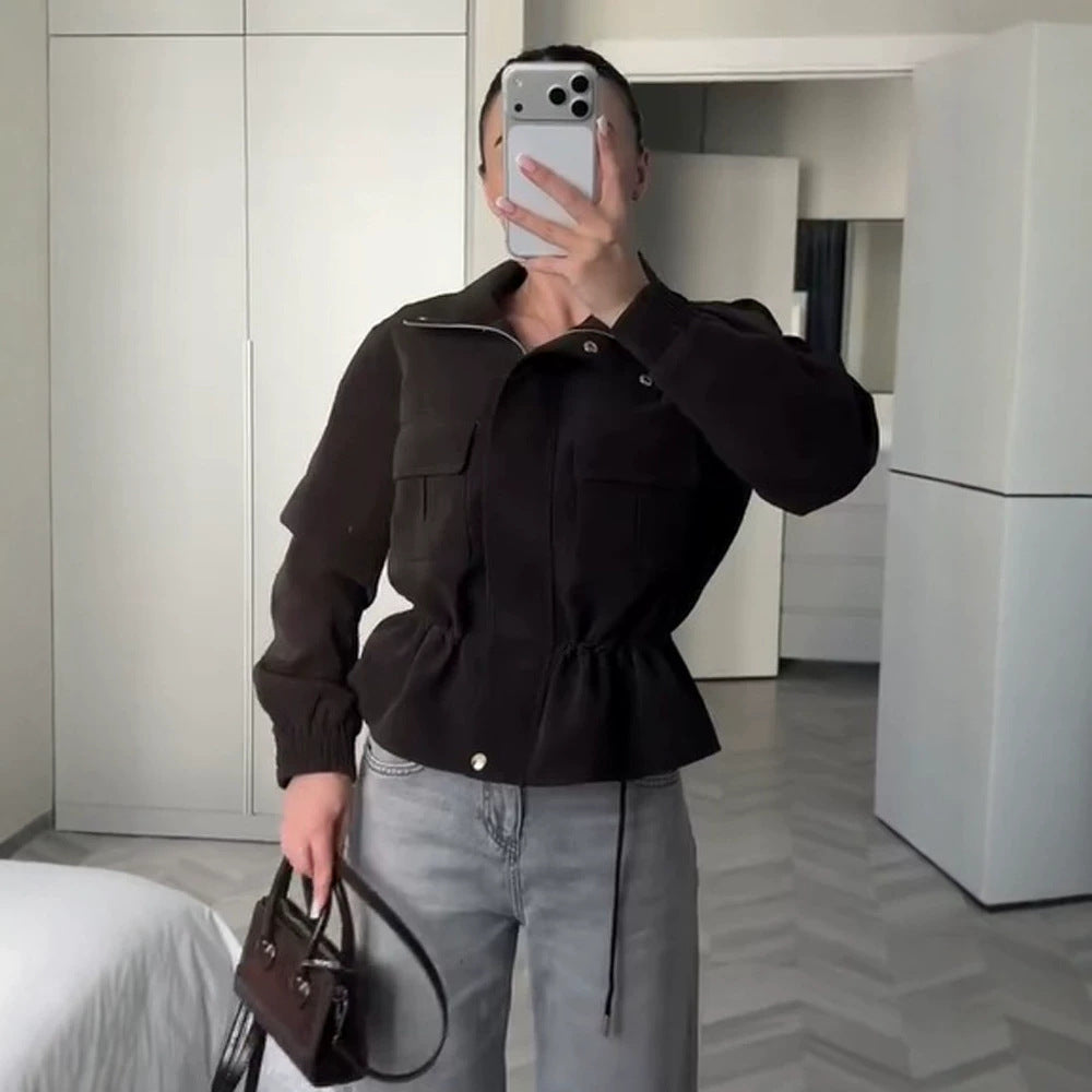 Women’s short jacket in utility style with waist drawstring and stand-up collar Amarae
