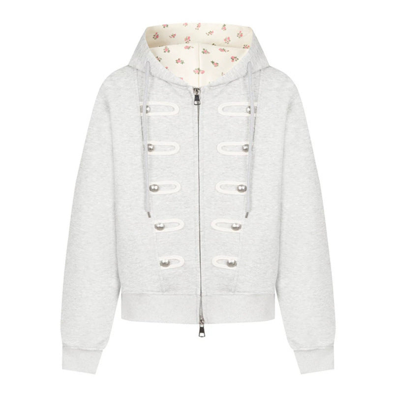 Women's hooded sweat jacket with decorative loops and metal button details Amarae