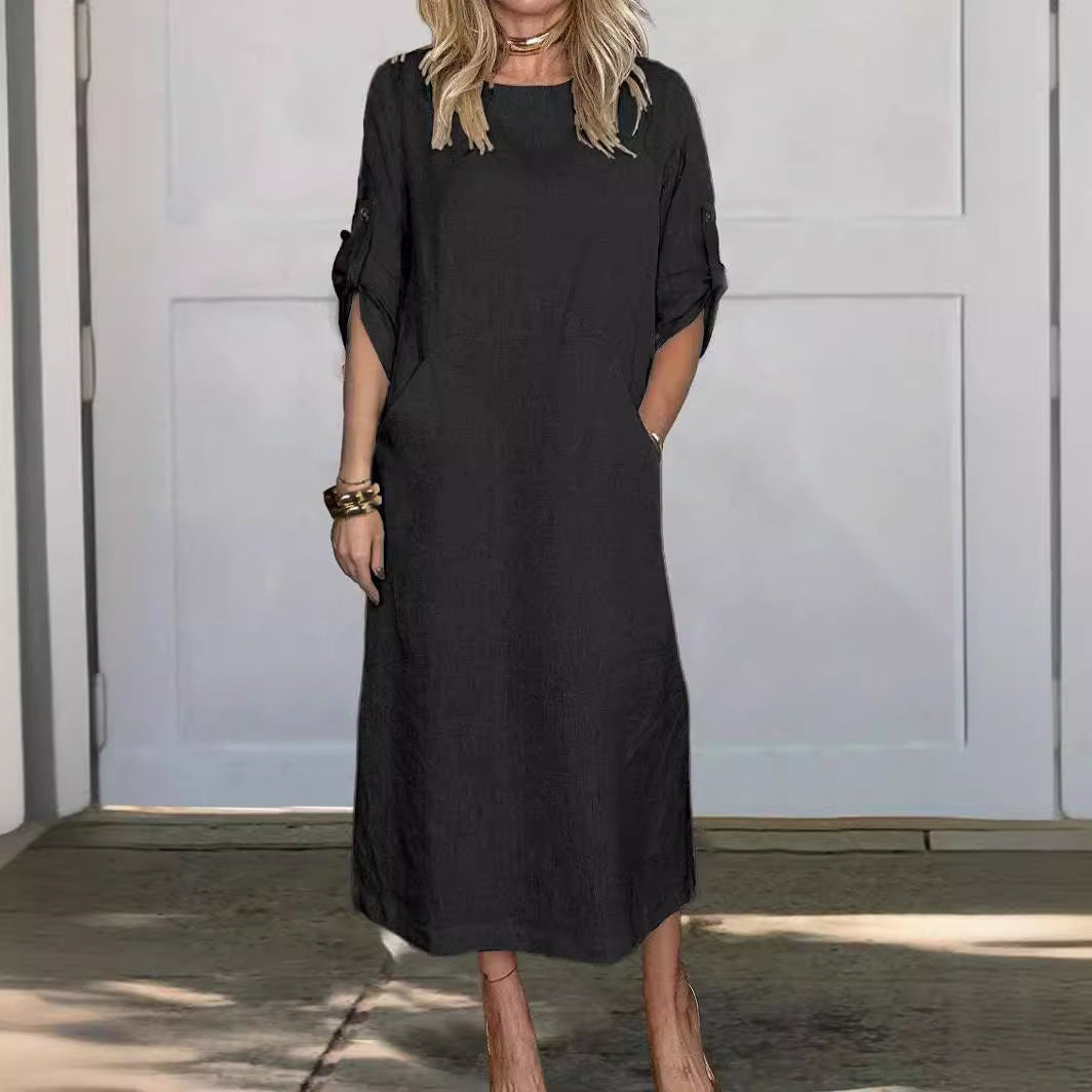 Women's Casual Linen Midi Dress with Side Pockets and Roll-Up Sleeves Chic & Stil