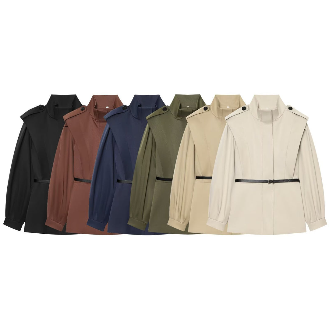 Women Short Cape Trench with High Funnel Collar and Waist Belt Amarae