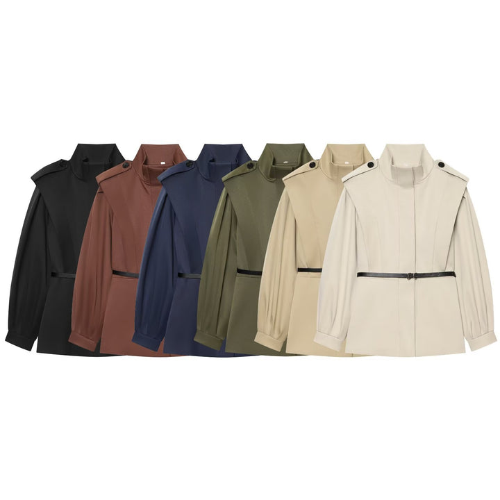 Women Short Cape Trench with High Funnel Collar and Waist Belt Amarae