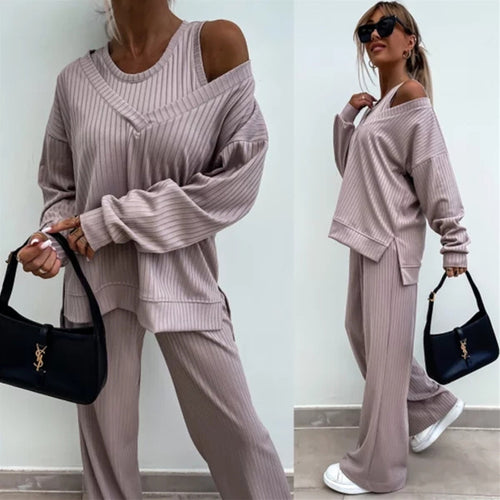 Amarae women's ribbed knit casual set with asymmetrical cutouts