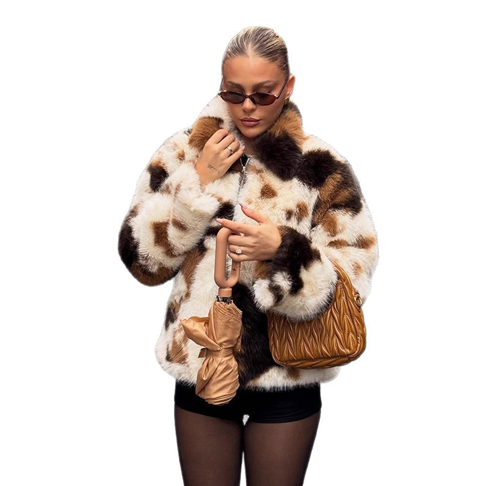 Women's Short Patchwork Faux Fur Blouson with Stand Collar and Concealed Zipper Amarae