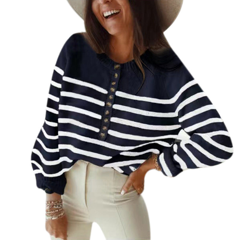 Striped knitted sweater for women with button placket and loose fit Lune London