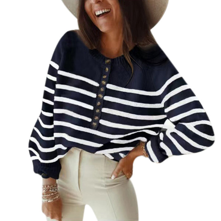 Striped knitted sweater for women with button placket and loose fit Lune London