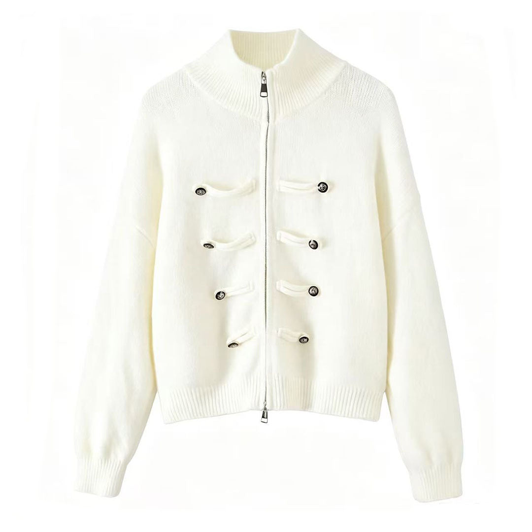 Ladies cardigan with stand-up collar, zipper and decorative knot trims Amarae