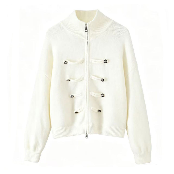 Ladies cardigan with stand-up collar, zipper and decorative knot trims Amarae