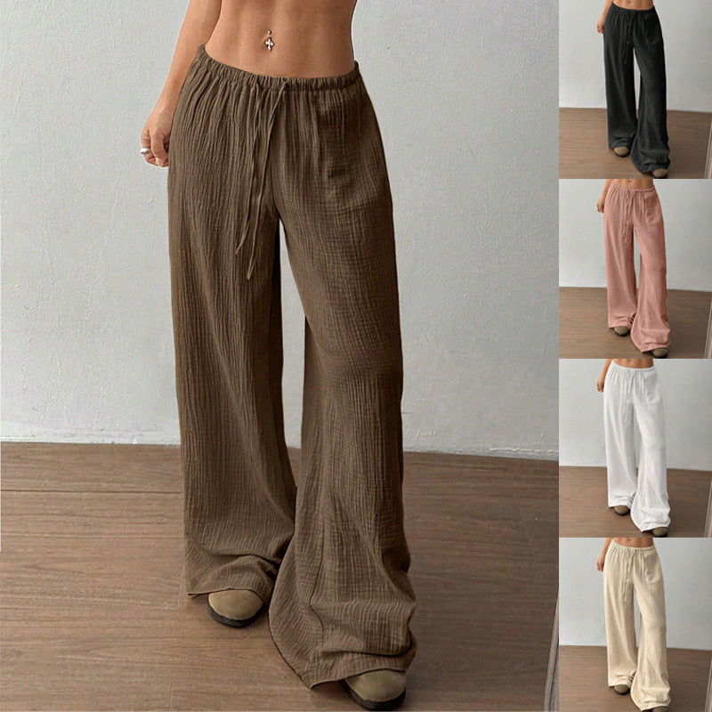 Women Lightweight Linen Look Pants with Wide Leg, Elastic Waistband and Drawstring Amarae