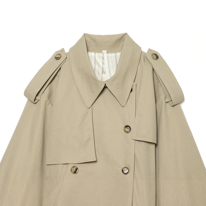 Ladies Short Cape Trench with Double Row, Shoulder Flaps and Waist Belt Amarae