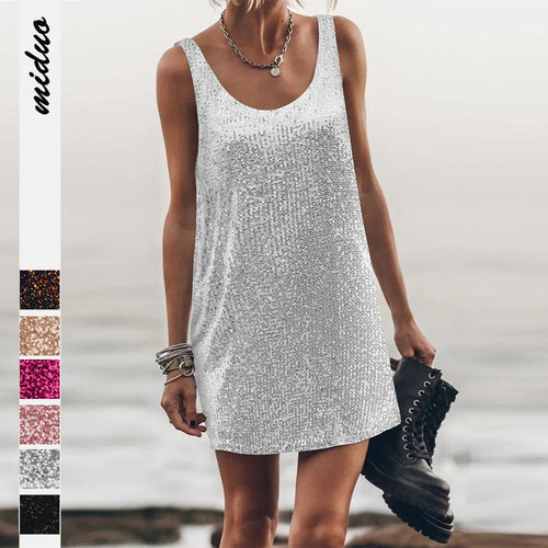 Women Glittering Mini Dress with Shimmering Sequin Fabric and Casual Cut Amarae
