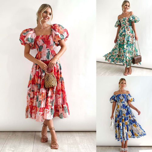 Ladies Floral Puff Sleeve Midi Dress Amarae