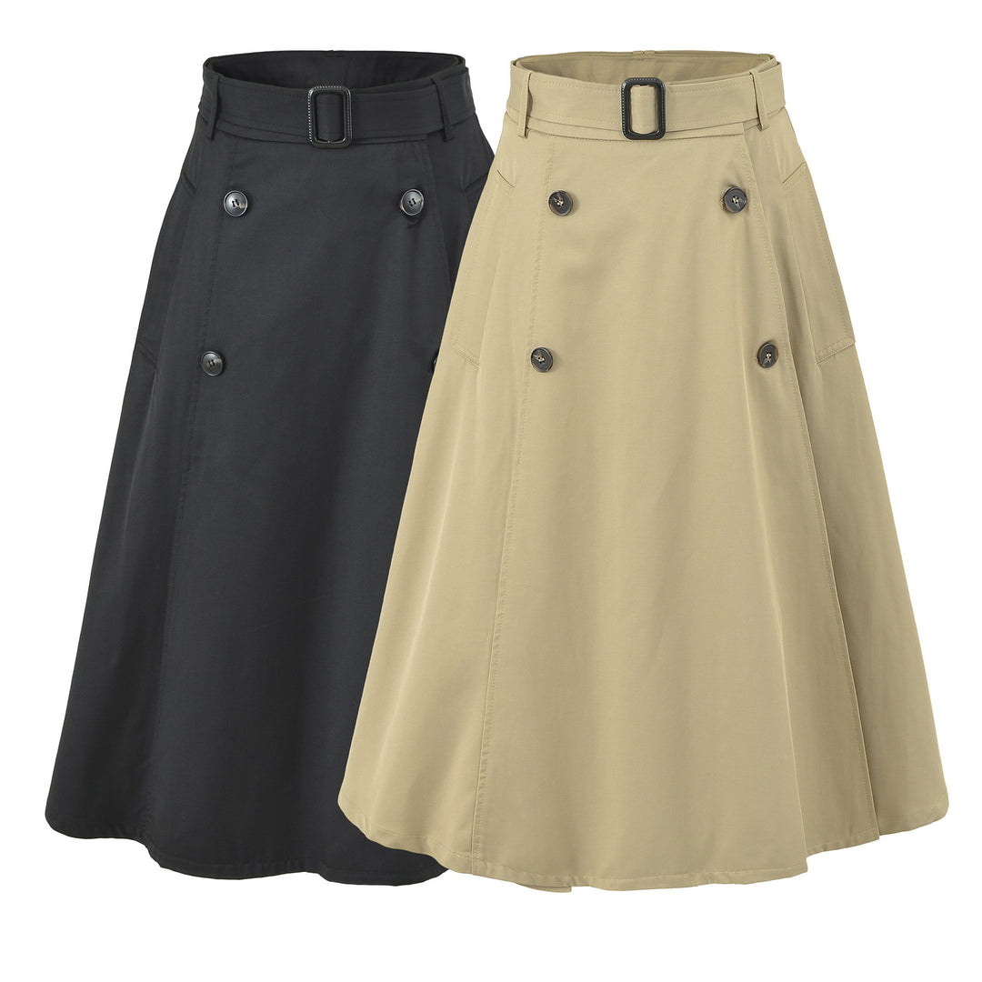Women's A-Line Trench Skirt with Waist Belt and Decorative Button Placket Amarae