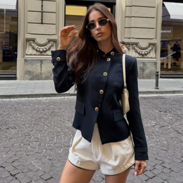 Women's Tailored Blazer with Stand-up Collar and Golden Decorative Buttons Amarae