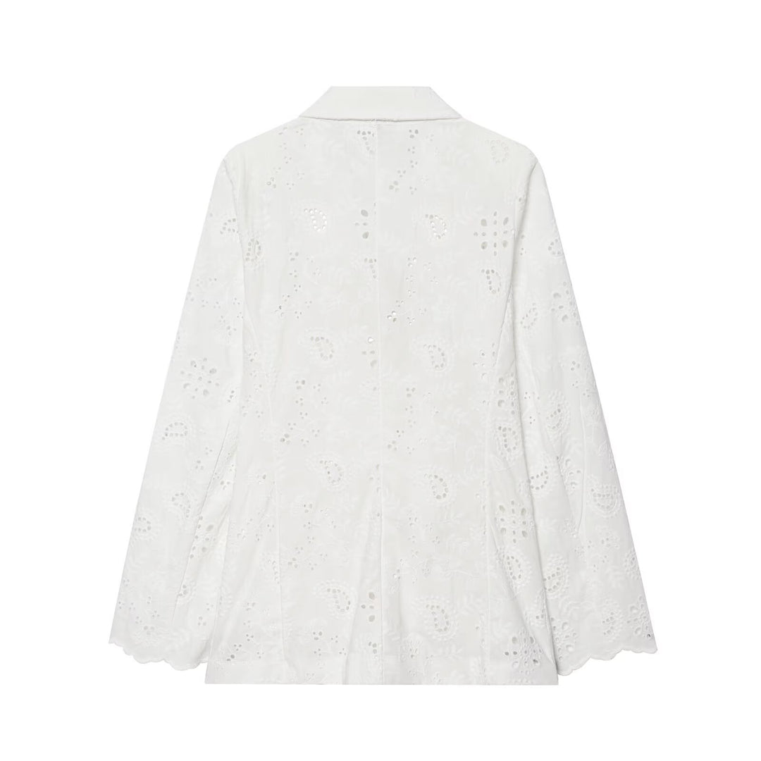 Women's Lightweight Broderie Anglaise Blazer with Shawl Collar and Eyelet Embroidery Amarae