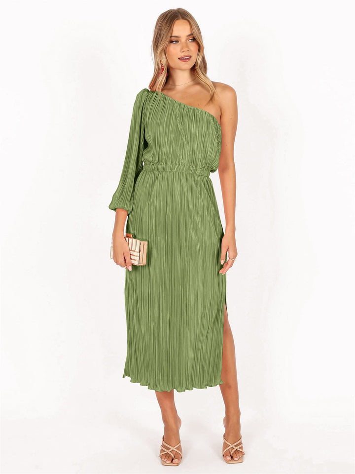 Asymmetrical pleated dress for women with waist belt Lune London