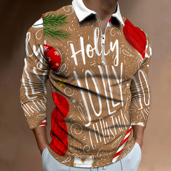 Men's Long Sleeve Polo with Festive Christmas Pattern Lune London