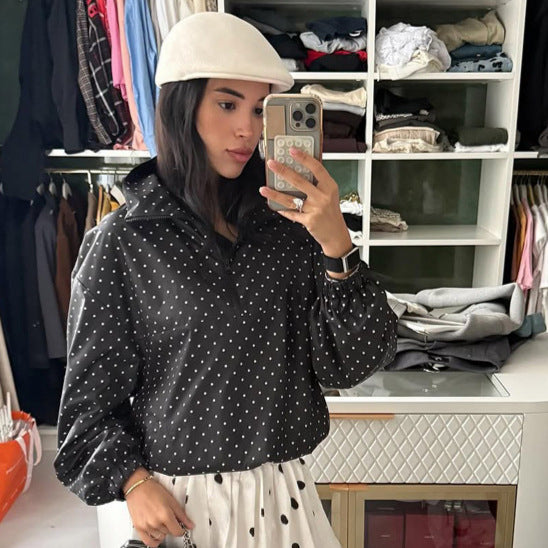 Women's Lightweight Polka Dot Half-Zip Transitional Jacket with Stand-Up Collar and Drawstring Amarae