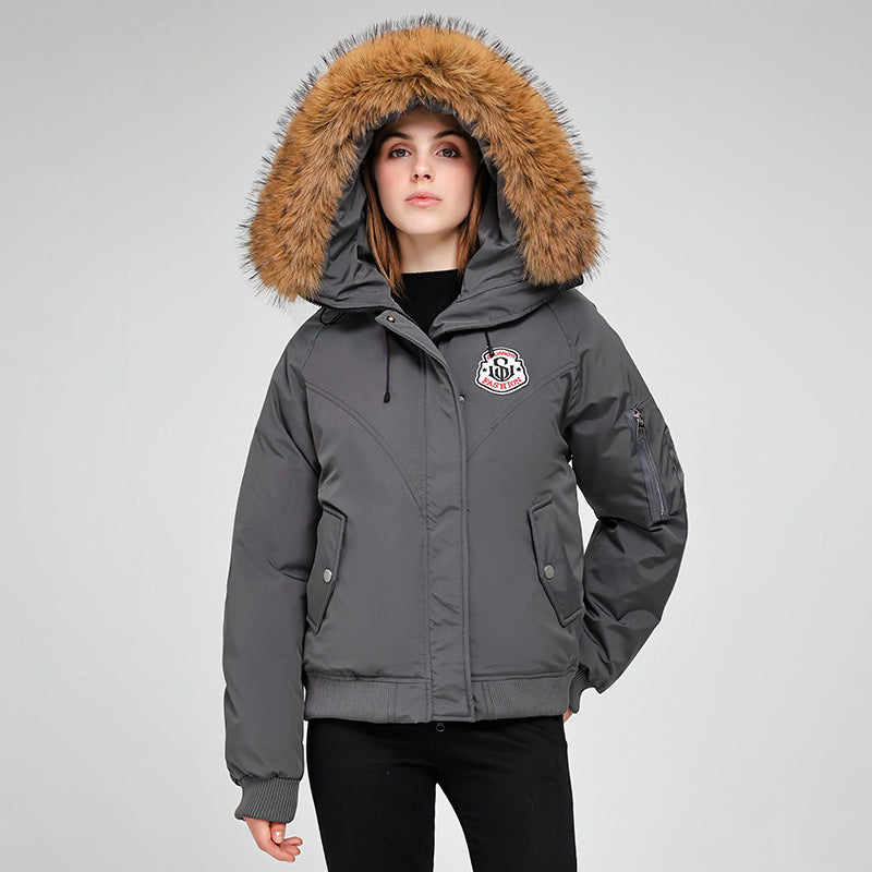 Ladies Puffer Sport Jacket with Removable Faux Fur Collar and Practical Chic Style Pockets
