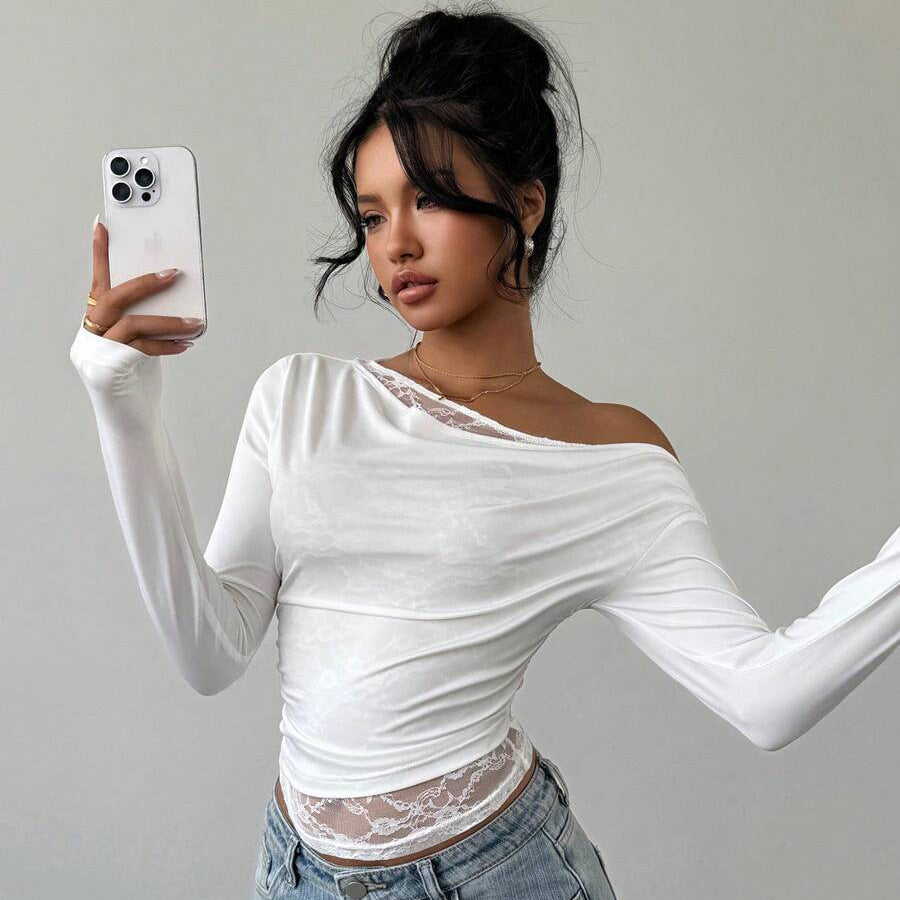 Casual long-sleeve t-shirt for women with asymmetric neckline and transparent details Amarae