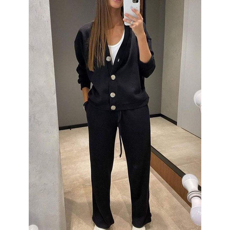 Women's Knit Loungewear Set with V-Neck Cardigan and Wide Drawstring Pants Amarae