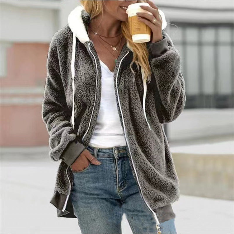 Women's Oversized Sherpa Zip Jacket with Contrast Collar, Ribbed Cuffs, and Drawstring Amarae