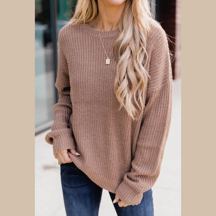 Damen Oversize Strickpullover mit Rundhalsausschnitt und gerippten Bündchen Drune