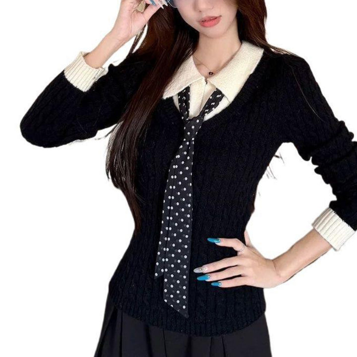 Pull en tricot à côtes pour femmes avec col chemise et cravate Chic & Stil