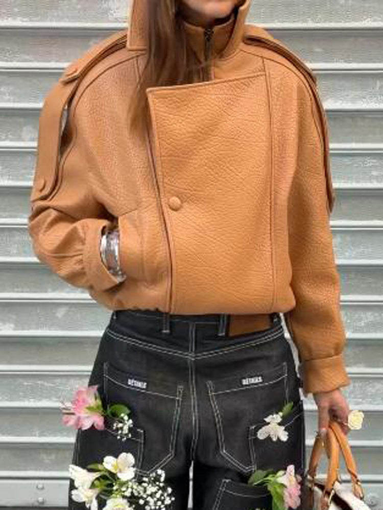 Ladies Cropped Oversized Jacket made of textured synthetic leather with a high stand-up collar Amarae
