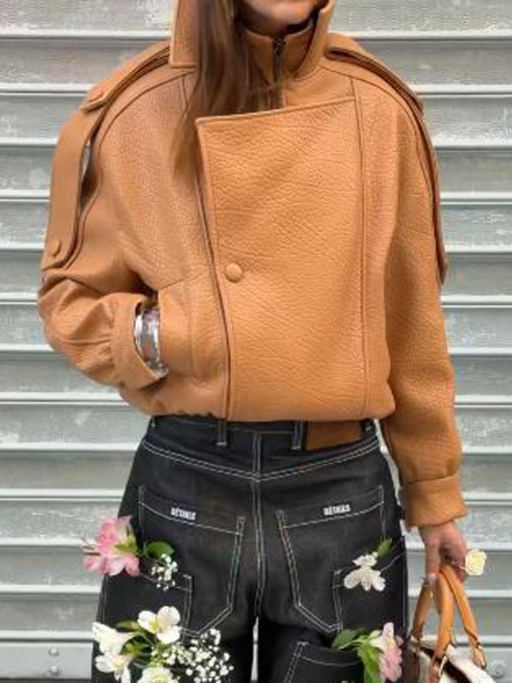 Ladies Cropped Oversized Jacket made of textured synthetic leather with a high stand-up collar Amarae