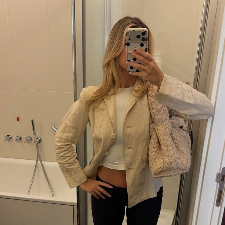 Women Lightweight Structured Linen Blazer with Relaxed Fit, One-Button Closure & Flap Pockets Amarae