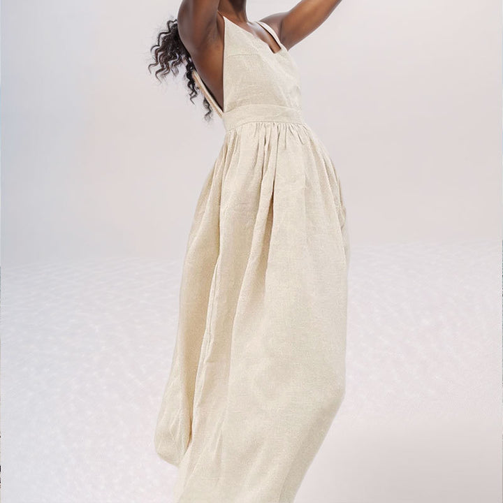 Robe longue en lin pour femmes avec décolleté en V profond et taille cintrée Chic & Stil