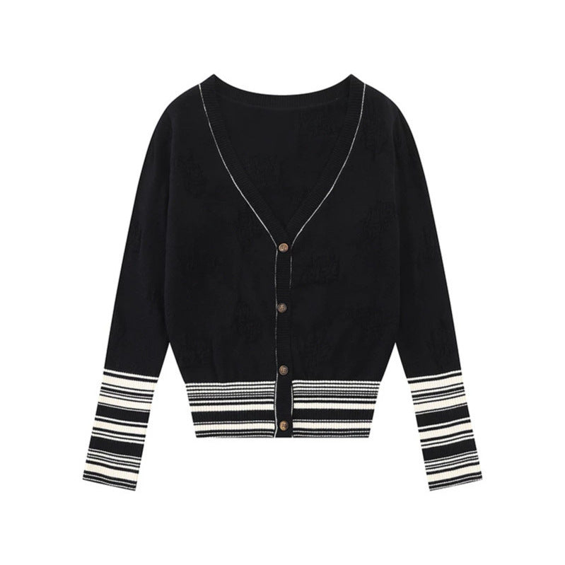 Ladies cardigan with V-neck, fine jacquard pattern and contrasting cuffs Amarae