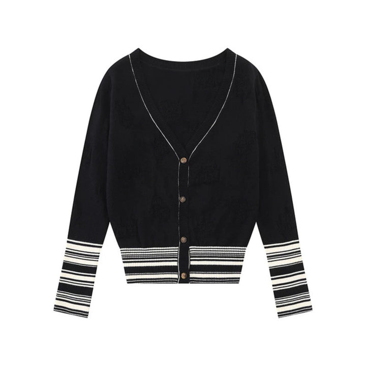 Ladies cardigan with V-neck, fine jacquard pattern and contrasting cuffs Amarae