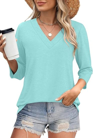 Women's V-Neck Top with Three-Quarter Sleeves and Side Slits Lune London