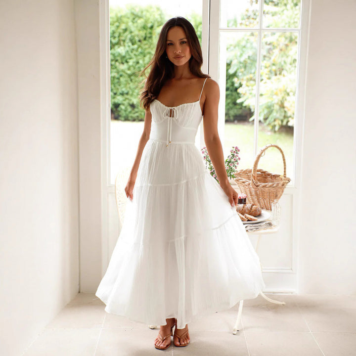 Maxi tiered dress for women with adjustable spaghetti straps Lune London