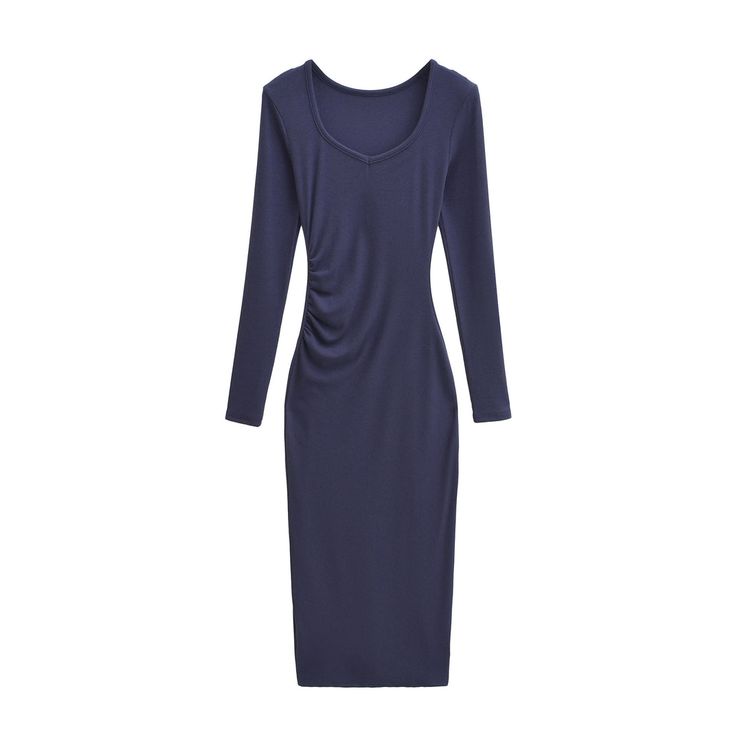 Women's Fitted Midi Dress with Side Ruching and Double Neckline Amarae