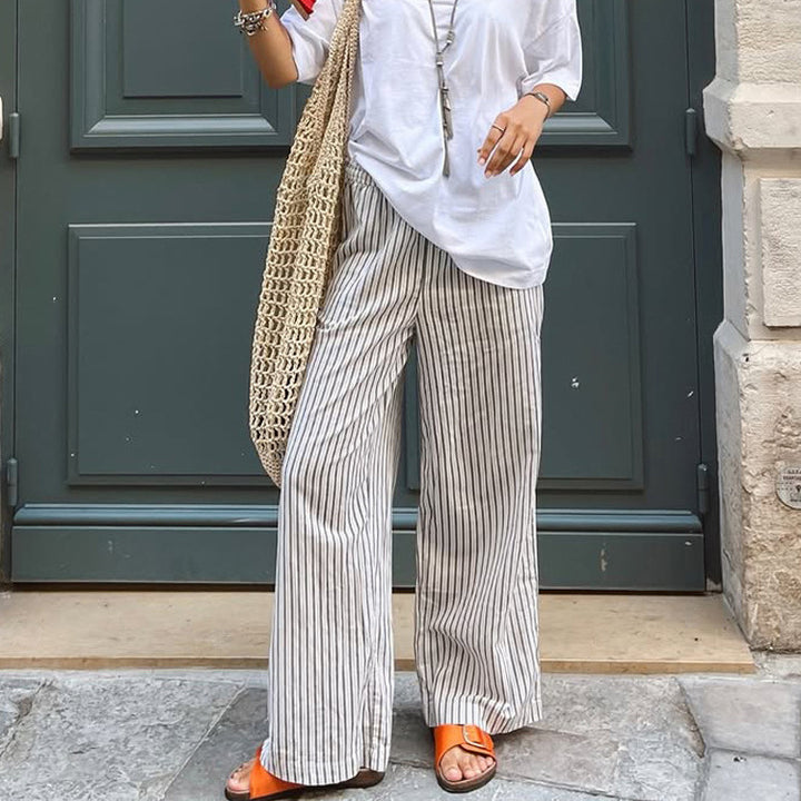 Women Wide Striped Palazzo Pants with High Waist and Flowing Viscose Quality Amarae